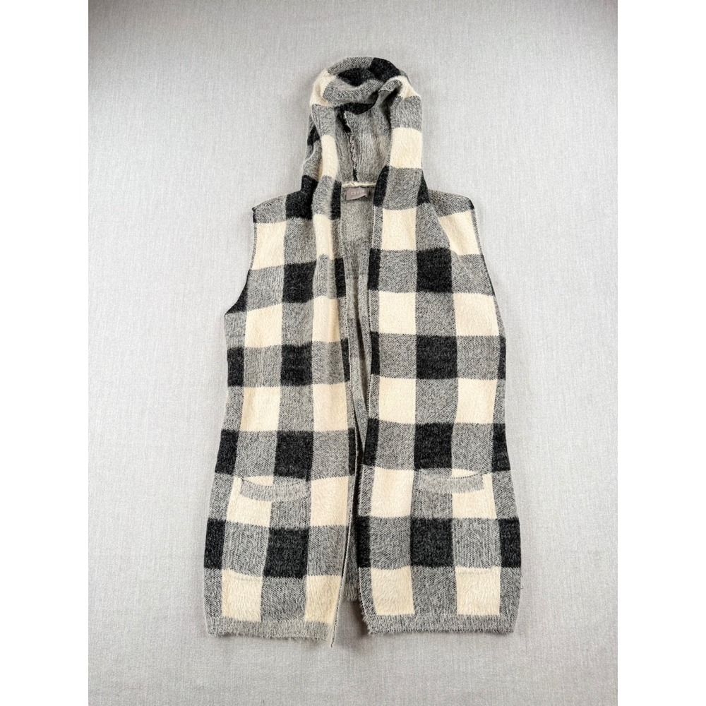 Cyrus Womens Buffalo Plaid Hooded Open Front Knit Vest Cardigan Black White L